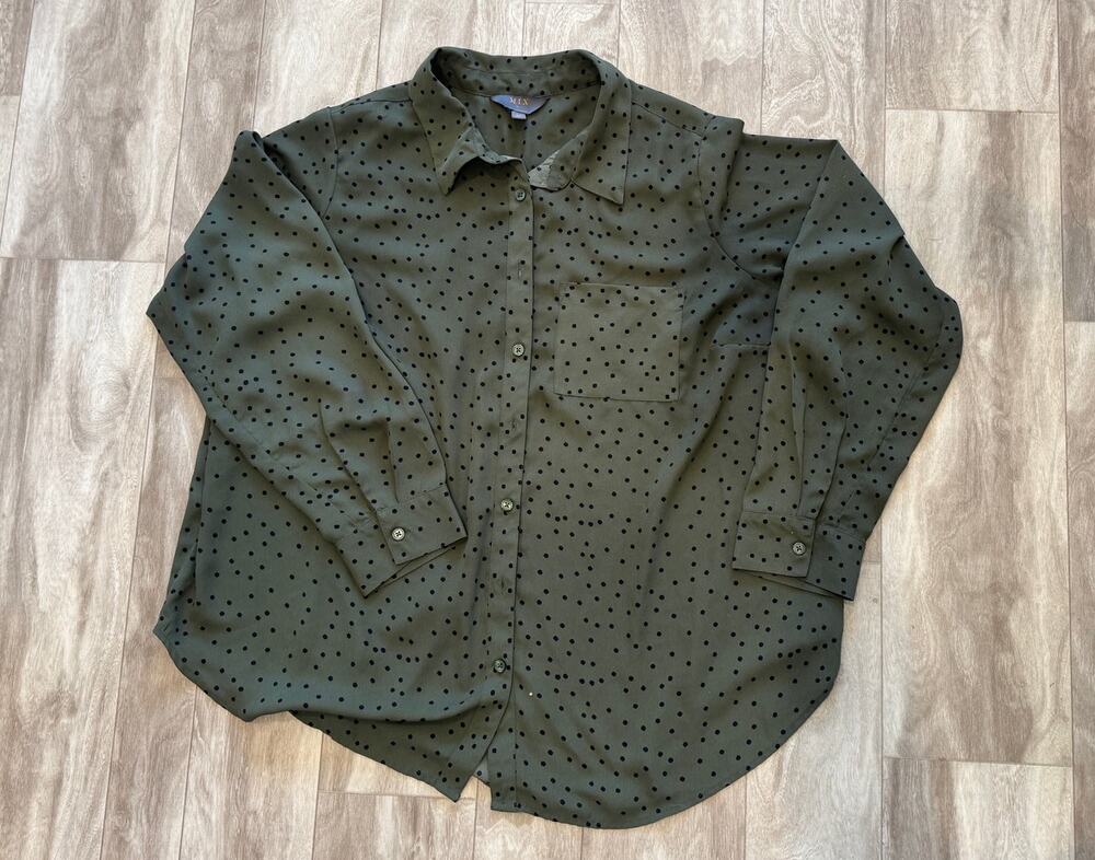 Blouse Womens 2X Mix By Us Olive Green Black Polka Dot Long Sleeve Top Preowned